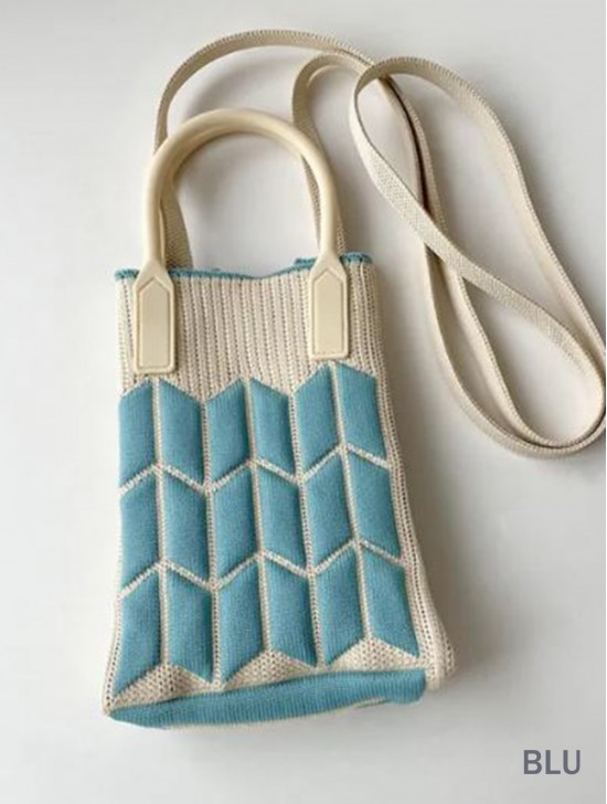 Large Capacity Trendy Rombus Patterned Knitted Soft Cellphone Bag W Strap